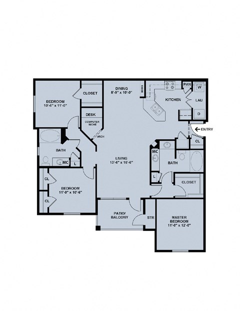 Floor plan for 3 beds, 2 baths, 1321 sqft